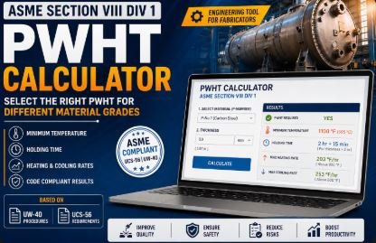 PWHT calculator tool based on ASME Section VIII Division 1 showing temperature, holding time, and heating cooling rate calculations for pressure vessel materials