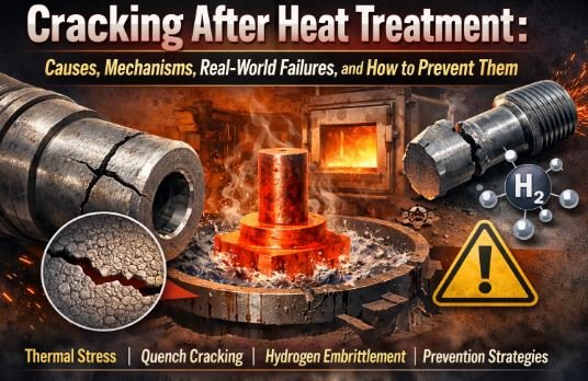 Cracking after heat treatment illustration showing quench cracking, thermal stress damage, hydrogen embrittlement, and failed metal components in a heat treatment furnace environment.
