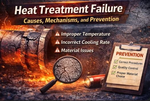 Heat treatment failure in metal components showing cracking due to improper temperature, incorrect cooling rate, and material issues with prevention methods in metallurgy and failure analysis.