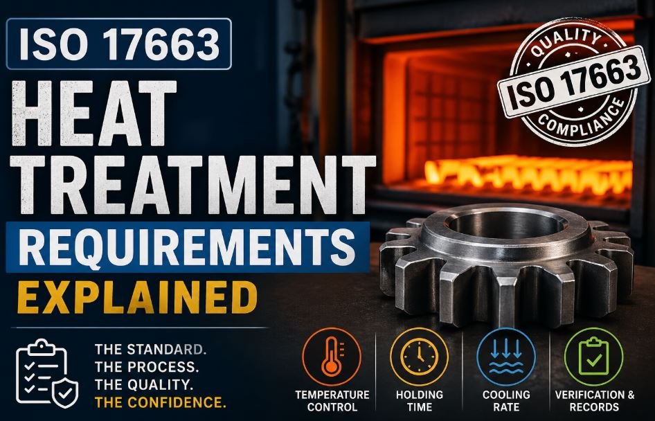 Industrial blog thumbnail showing ISO 17663 heat treatment requirements with a glowing furnace, heated metal component, and icons representing temperature control, holding time, cooling rate, and verification records.