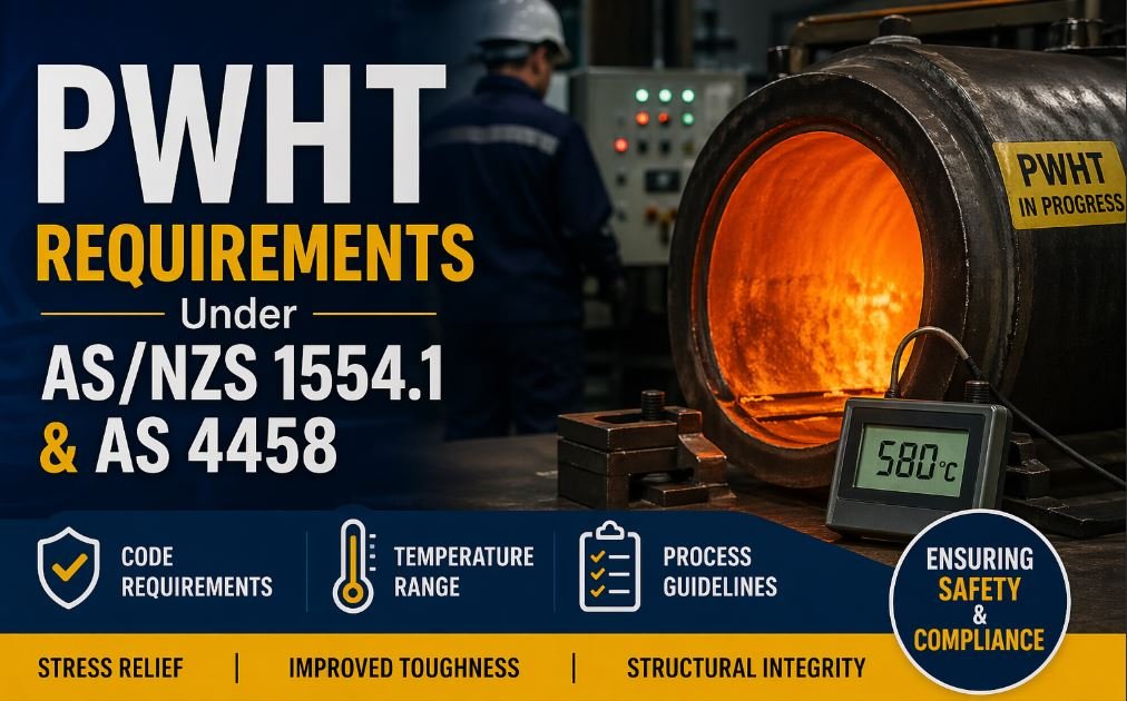 Industrial PWHT furnace with glowing chamber and temperature display showing 580°C, alongside text highlighting PWHT requirements under AS/NZS 1554.1 and AS 4458.