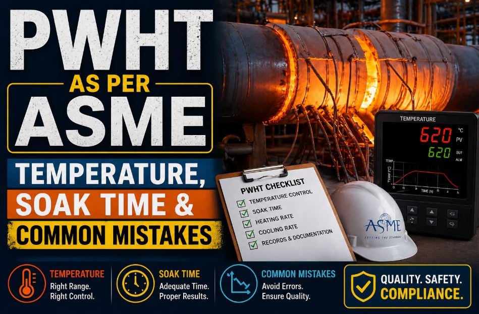 Industrial blog thumbnail showing PWHT as per ASME with a heated pressure vessel, temperature monitor, PWHT checklist, and text highlighting temperature, soak time, and common mistakes.