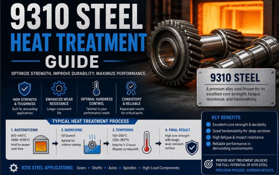 Diagram illustrating the 9310 steel heat treatment process, showing stages such as carburizing, hardening, quenching, and tempering with temperature and time parameters.