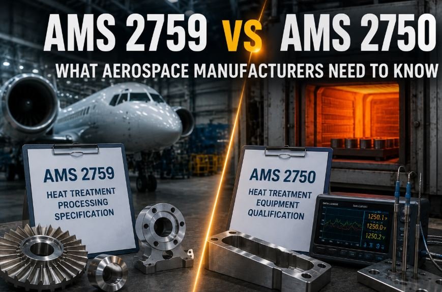 AMS 2759 vs AMS 2750 comparison image showing aerospace heat treatment furnace, aircraft manufacturing environment, precision metal components, temperature monitoring system, and heat treatment specification guide for aerospace manufacturers.