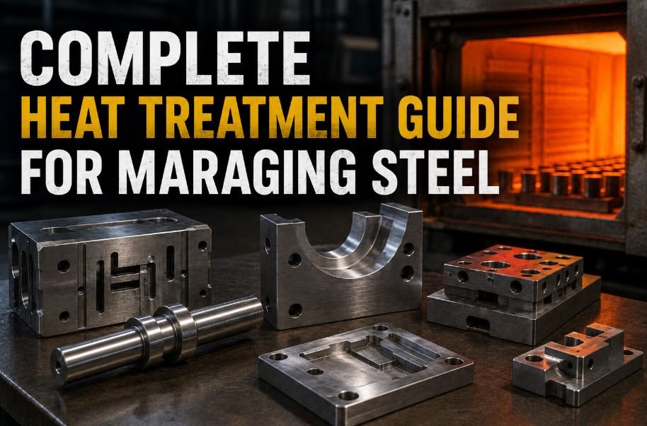 Complete heat treatment guide for maraging steel showing industrial furnace, precision machined maraging steel components, tooling blocks, and aerospace-grade steel parts used for solution annealing and aging processes.