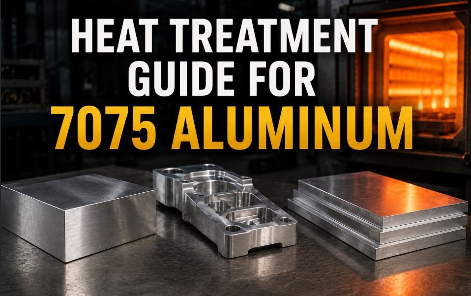 Heat Treatment Guide for 7075 Aluminum showing realistic industrial furnace, machined 7075 aluminum components, aluminum plates, and aerospace-grade aluminum parts used for solution heat treatment and aging processes.