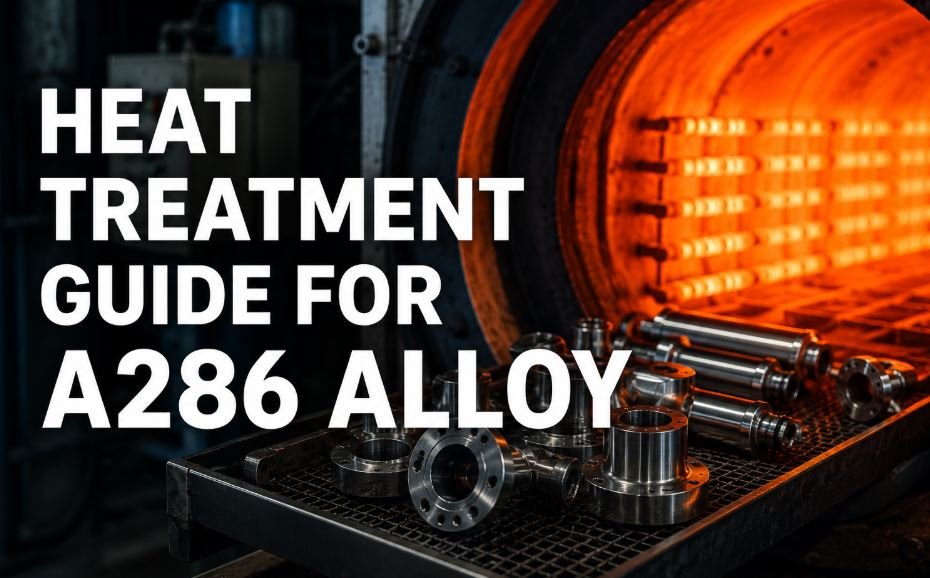 Industrial heat treatment furnace with glowing chamber and precision metal components, featuring the title “Heat Treatment Guide for A286 Alloy.”