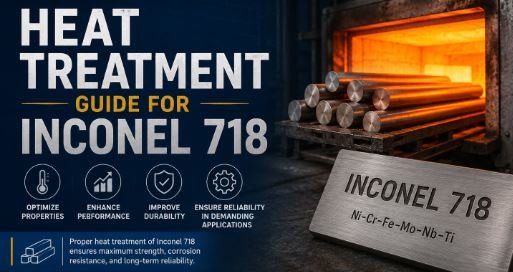 Heat Treatment Guide for Inconel 718 showing furnace heating alloy bars, Inconel 718 nameplate, and a typical heat treatment cycle including solution annealing, quenching, and two-stage aging process.