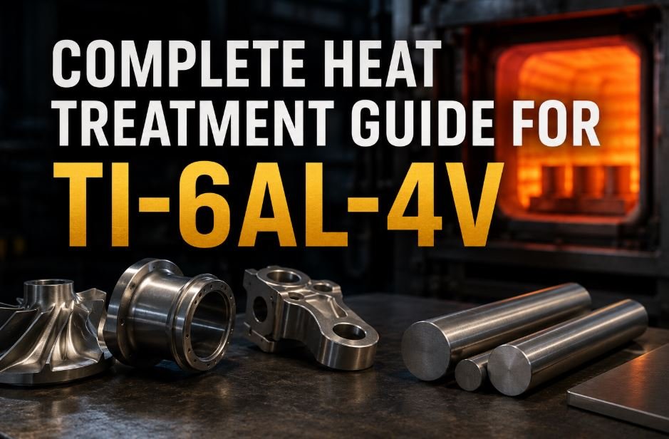 Complete Heat Treatment Guide for Ti-6Al-4V showing titanium alloy components, industrial heat treatment furnace, and realistic aerospace-grade titanium parts used for solution treatment and aging processes.