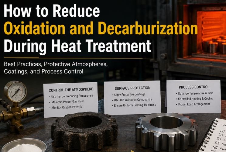 How to reduce oxidation and decarburization during heat treatment showing industrial furnace, protective atmosphere control, anti-oxidation compound, surface protection methods, and process control for steel heat treatment.