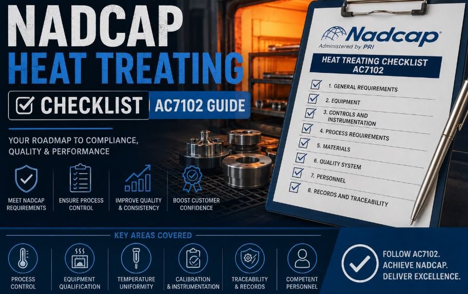 NADCAP Heat Treating Checklist AC7102 guide showing industrial furnace, heat-treated metal components, and a compliance checklist covering equipment, process controls, calibration, personnel, and traceability requirements.