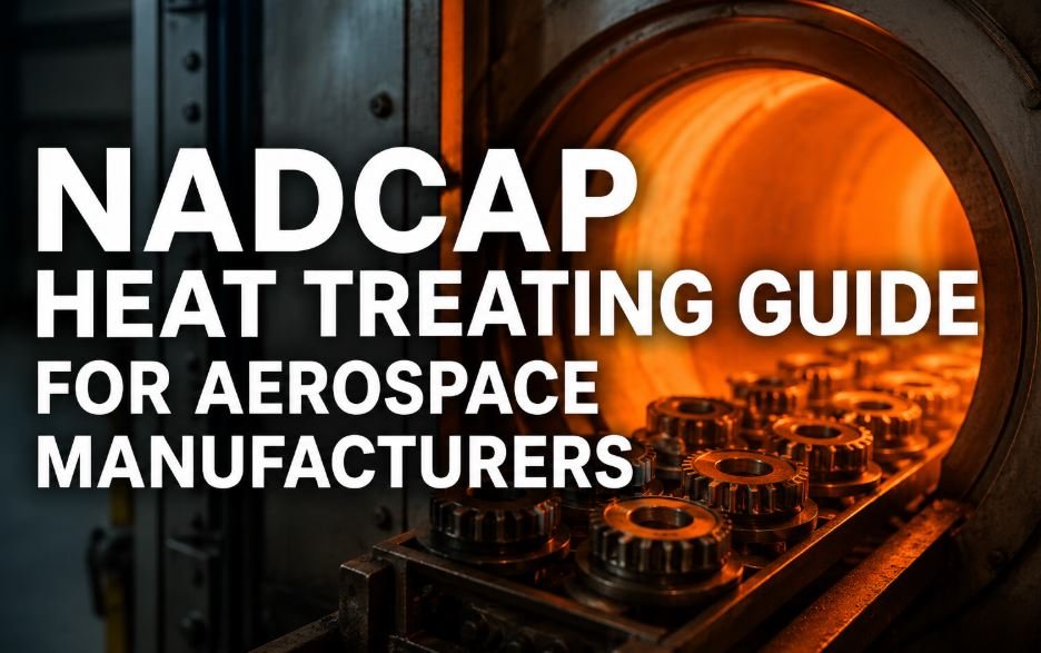 Industrial furnace with glowing heat chamber and metal aerospace components, featuring the title “NADCAP Heat Treating Guide for Aerospace Manufacturers.