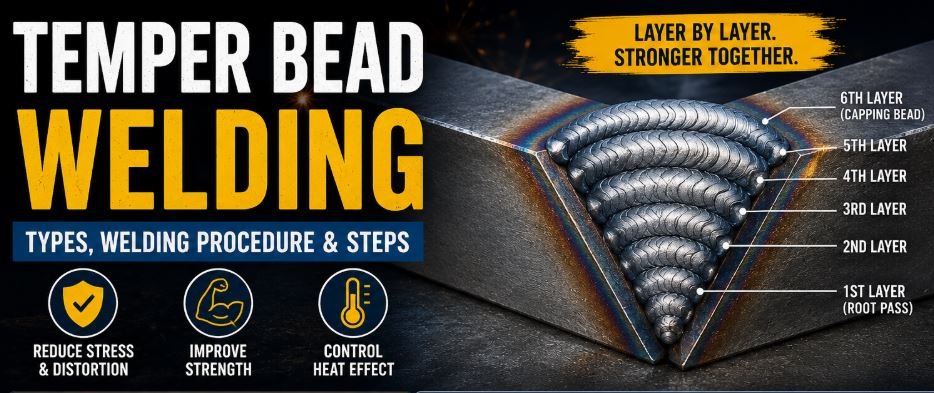 Temper Bead Welding infographic showing layered groove weld passes, welding types, step-by-step procedure, and benefits like reduced stress, improved strength, and heat control.