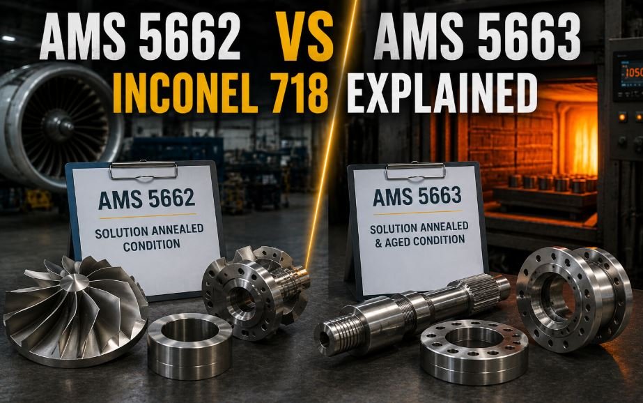 AMS 5662 vs AMS 5663 Inconel 718 comparison showing aerospace-grade nickel alloy components, industrial heat treatment furnace, turbine engine parts, and solution annealed versus aged Inconel 718 material conditions.