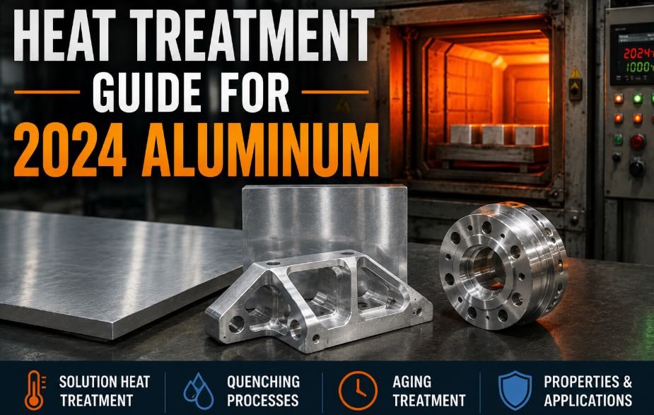 Heat Treatment Guide for 2024 Aluminum showing aerospace-grade 2024 aluminum plate, precision-machined aluminum components, industrial heat treatment furnace, and solution heat treatment process for aluminum alloys.