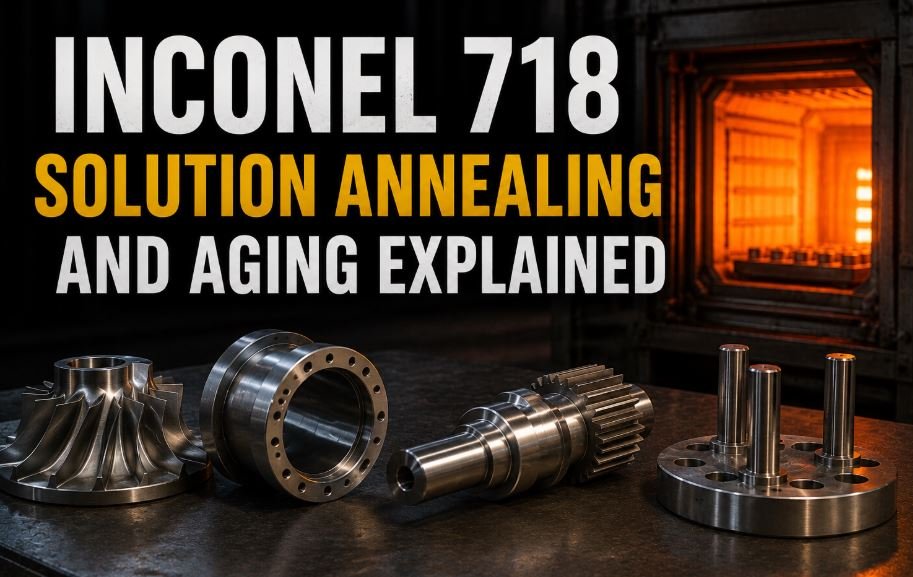 Inconel 718 solution annealing and aging heat treatment process showing nickel-based superalloy components, industrial furnace, turbine parts, and aerospace-grade Inconel 718 hardware used in high-temperature applications.