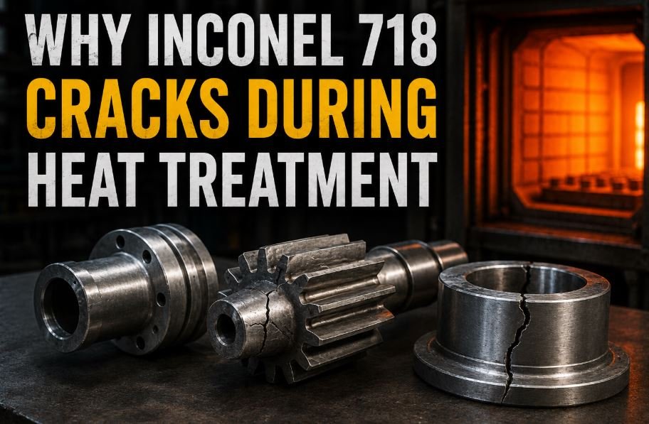 Why Inconel 718 cracks during heat treatment showing cracked nickel alloy components, industrial heat treatment furnace, fractured turbine parts, and heat treatment defects in aerospace-grade Inconel 718.